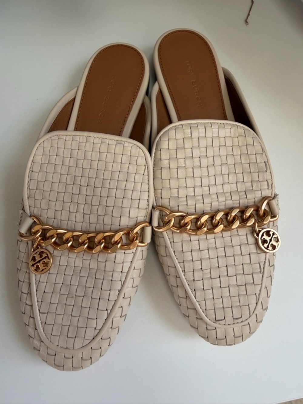 Tory Burch Cream Woven Leather Chain-Trim Mules